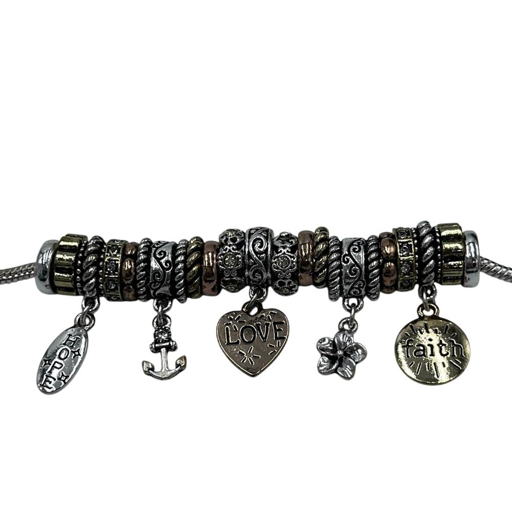 Mimmic European Silver Gold Tone Love Faith Hope Charm Bracelet New‎